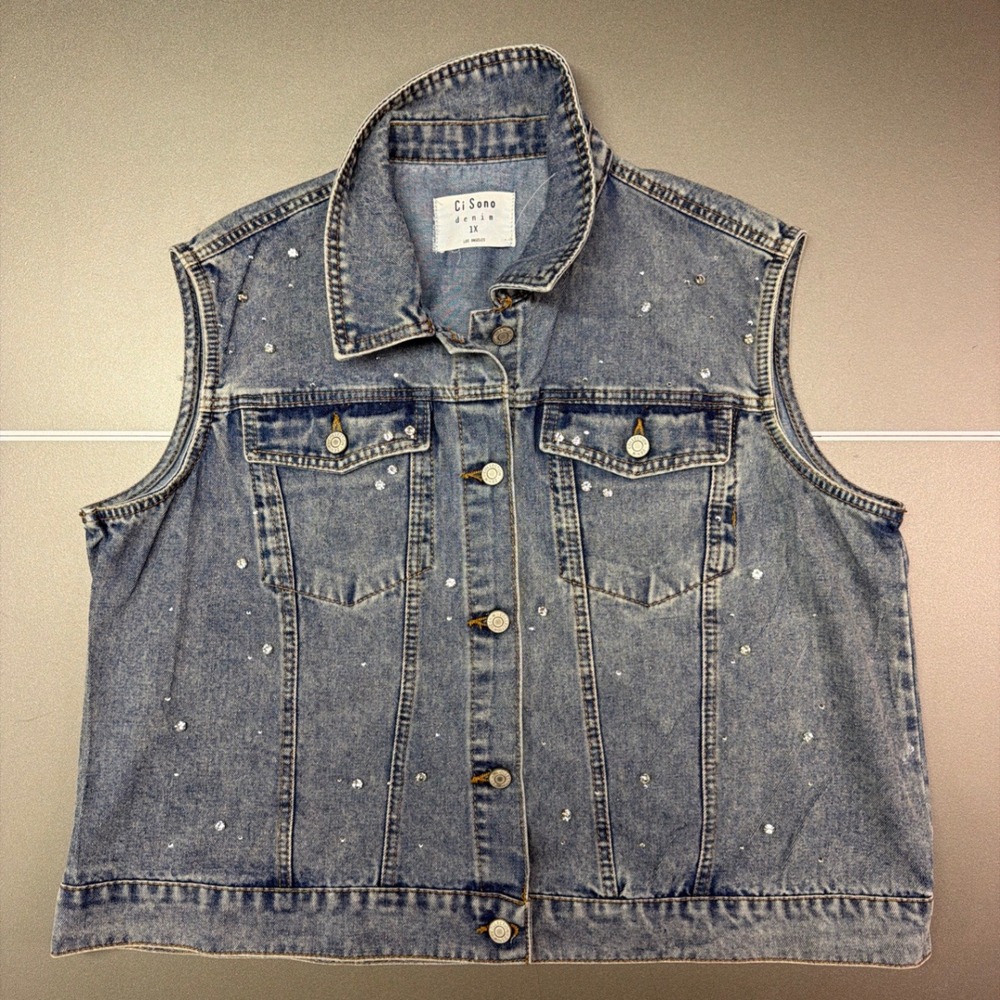 Ci Sono Denim Vest Rhinestone Studded Blue Jean Sleeveless Jacket Plus‎ Size 1X